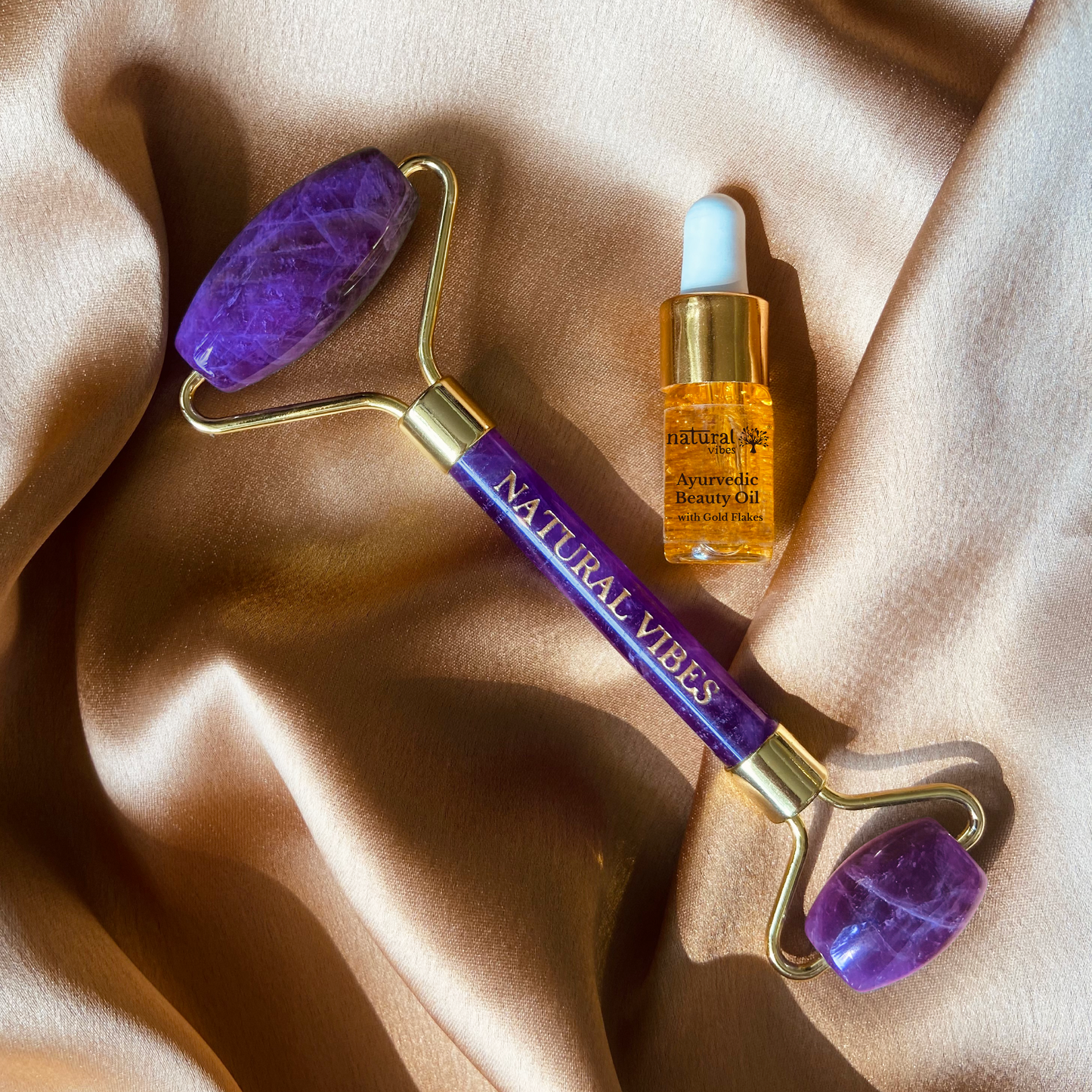 Natural Vibes Amethyst Roller & Massager for Face, Neck and Under eye with FREE Gold Beauty Elixir Oil