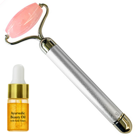 Rose Quartz Vibrating Roller with FREE Gold Beauty Elixir Oil for Face, Neck and Under eye