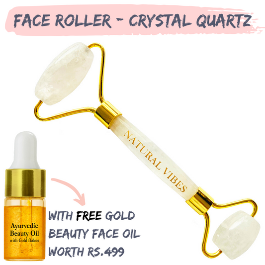 Natural Vibes White Crystal Quartz Roller & Massager for Face, Neck and Under eye with FREE Gold Beauty Elixir Oil
