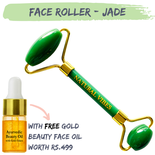 Natural Vibes Jade Roller & Massager for Face, Neck and Under eye with FREE Gold Beauty Elixir Oil